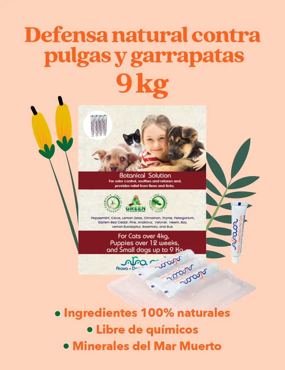 ARAVA PIPETAS NATURALES ANTIPULGAS Y GARRAPATAS PARA PERROS Y GATOS HASTA 9KG