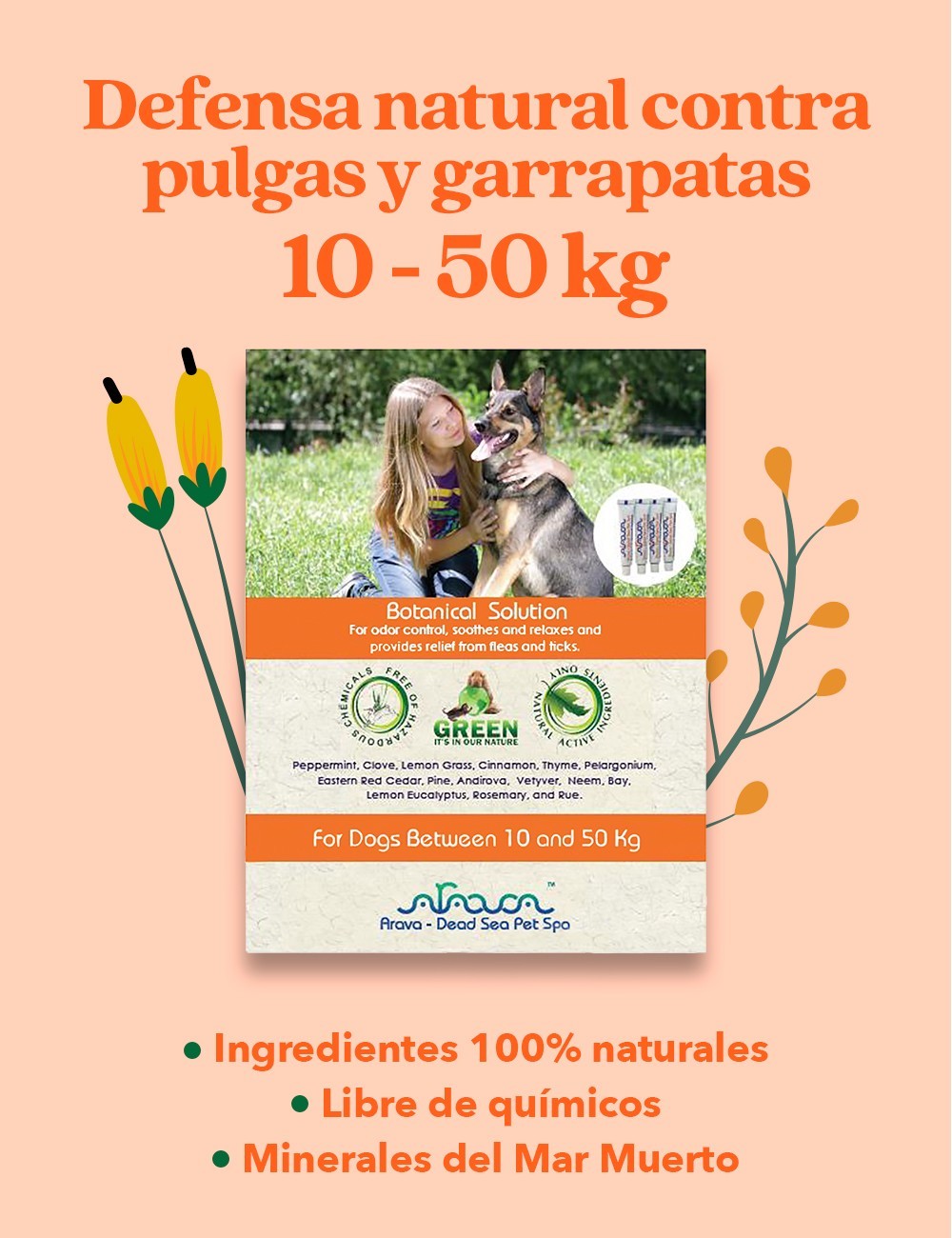 ARAVA PIPETAS NATURALES ANTIPULGAS Y GARRAPATAS PARA PERROS DE 10-50KG