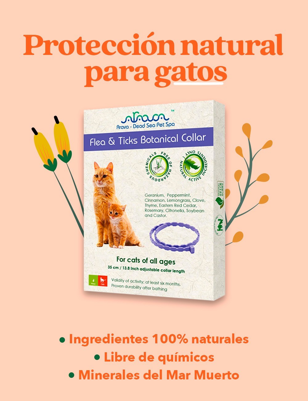 ARAVA COLLAR ANTIPULGAS Y GARRAPATAS 100 NATURAL PARA GATO