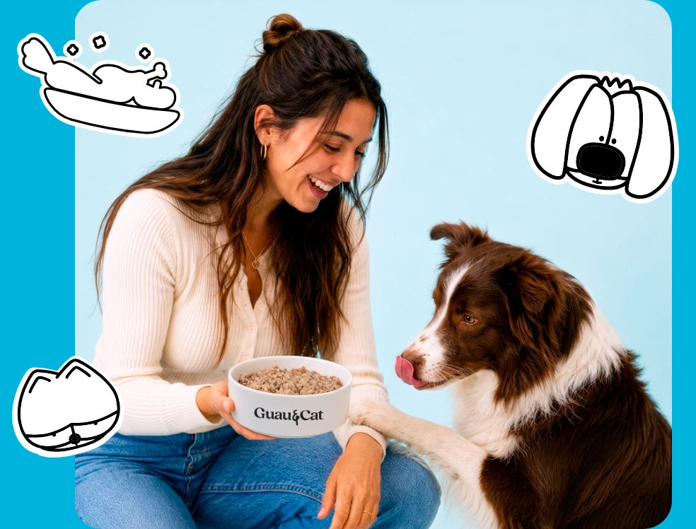 Mujer sonriendo a su border collie mientras sostiene un cuenco de comida natural Guau&Cat